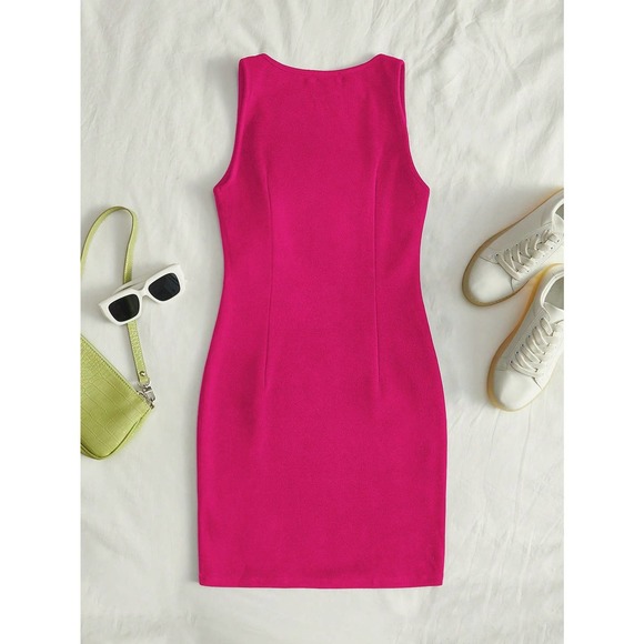 minimalist business casual workwear square neck Split Hem mini Dress blue - Picture 7 of 11